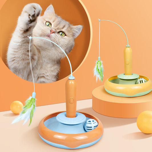 2-in-1 Cat Turntable Toy – Self-Play with Feather Attachment